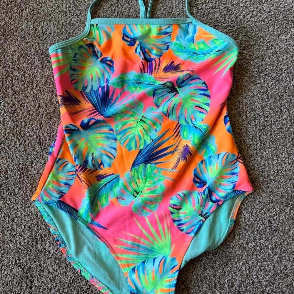 Wonder Nation Tropical Leaf One-Piece Swimsuit Size L 10/12